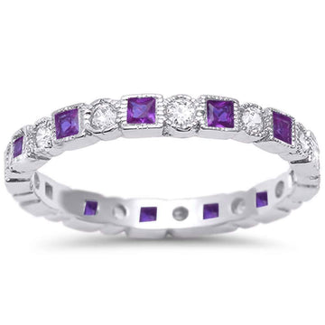Bezel Set Full Eternity Ring Alternating Round Simulated Amethyst CZ 925 Sterling Silver